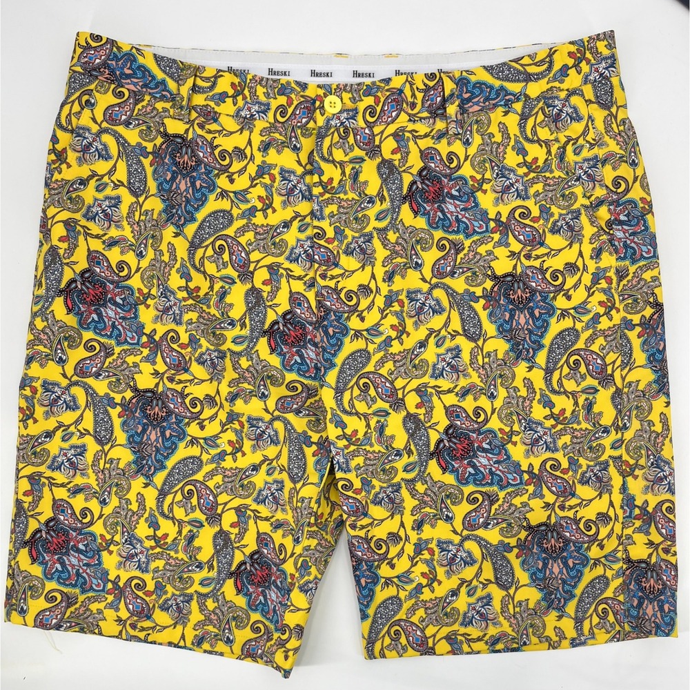 Hreski Mens Paisley Golf Shorts Yellow Multi Stretch Flat Front Size 38